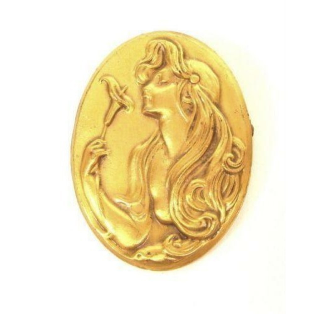 Vintage Art Nouveau Floral Woman Lady‎ w/ Flowing Hair Gold Plated Floral Brooch